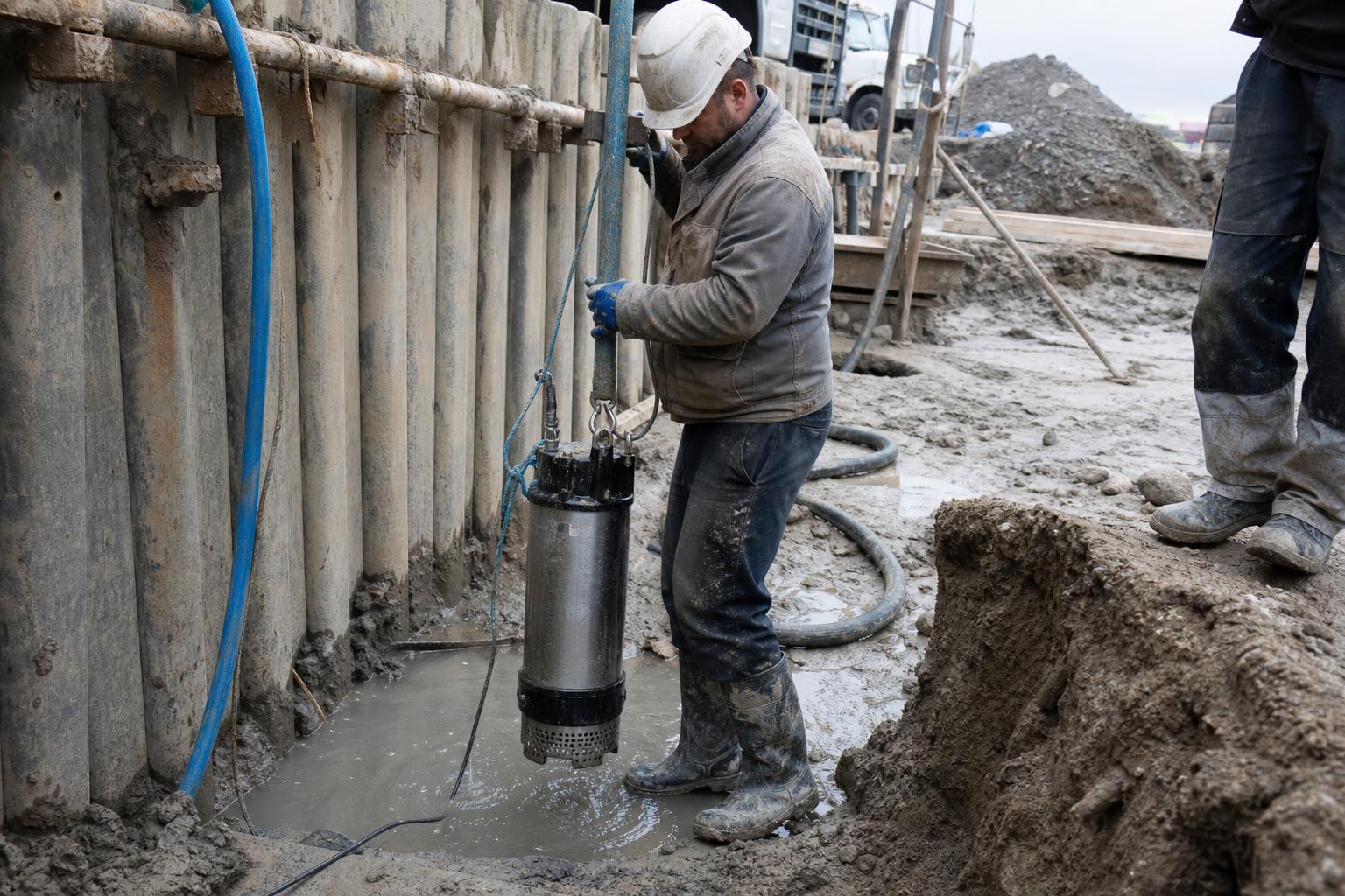 Установка погружного насоса в скважину для водопонижения на строительной площадке
