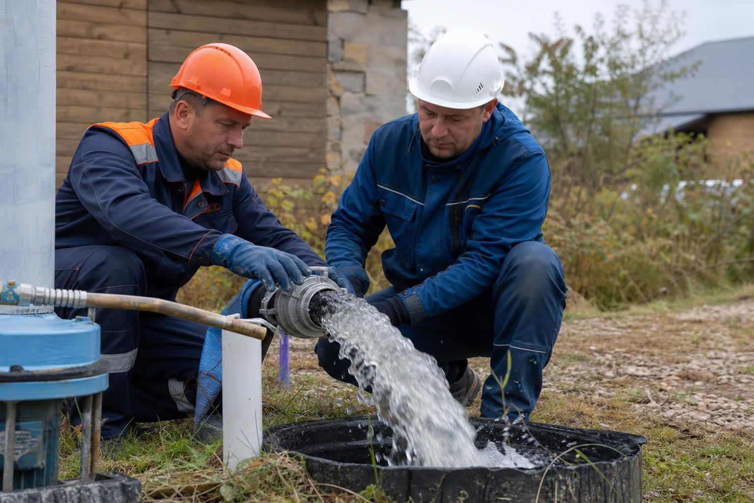 Специалисты проводят пробную откачку воды из скважины для проверки дебита и уровня