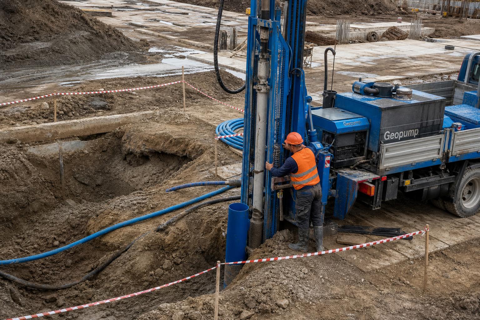 Установка водопонизительной скважины с насосом на стройплощадке